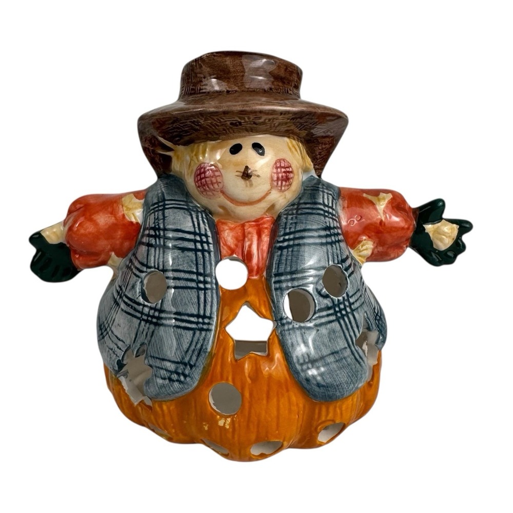 Ceramic Scarecrow Tea Light Candle Holder Halloween Thanksgiving Fall Decor E72Q